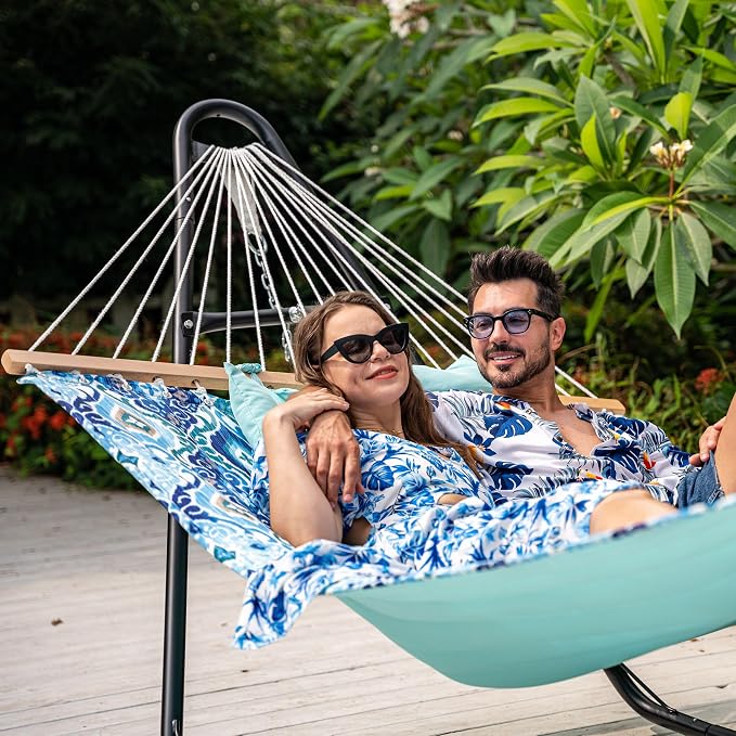 Lazy Daze Hammocks 10.5FT 2 Person Double Quilted Fabric Hammock with Spreader Bar, Detachable Pillow, Side Pocket, Carabiners, Chains, Straps for Outdoor, 450lbs Capacity, Floral Auqa