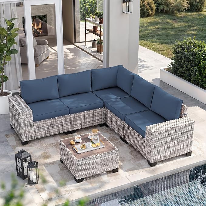 8-Piece Outdoor Patio Furniture Set Wicker Rattan Sectional Sofa Set with Ottomans, Patio Conversation Set with Thickened Cushions & Coffee Table for Garden, Backyard, Navy Blue