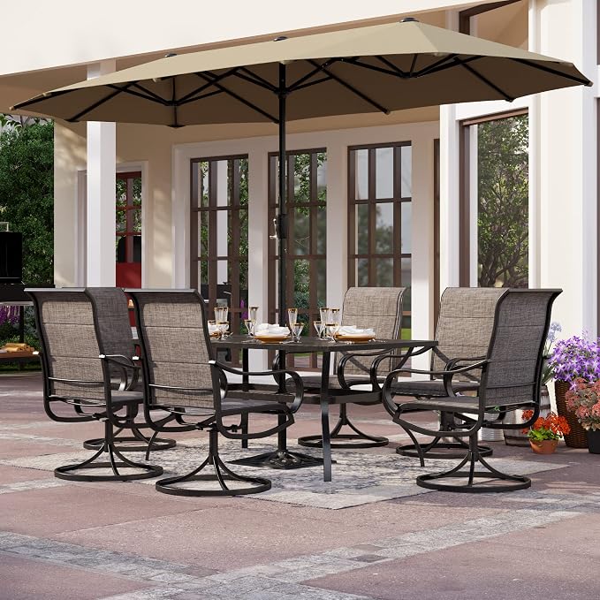 PHI VILLA Outdoor Dining Set for 6 with Beige Umbrella & Swivel Chairs | Padded textilene, High back & Ergonomic, Rectangular metal table, Weather-resistant, Patio backyard deck, No Umbrella Base