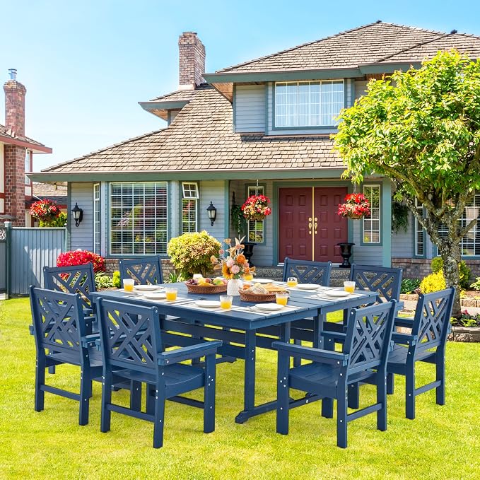 HDPE Outdoor Dining Set,10-Piece Outdoor Table and Chairs Include 8 Dining Chairs and 2 Pcs 62.5" Patio Dining Table with Umbrella Hole (Blue)
