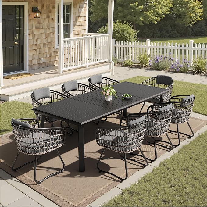 Pellebant 9-piece Outdoor Dining Set for 6-8 - Weather-Resistant Patio Dining Furniture Set, 94" Aluminum Outdoor Table with Umbrella Hole, Wicker Chairs with Cushion for Deck, Porch, Backyard, Gray