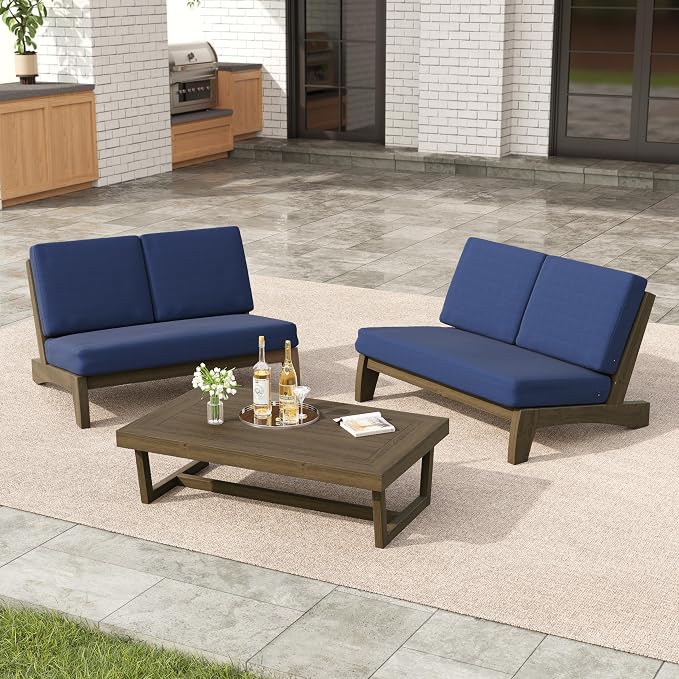3 Pieces Patio Furniture Sets, All-Weather Outdoor Wood Bistro Set Patio Conversation Coffee Table Chiars and Patio Loveseat for Balcony, Backyard