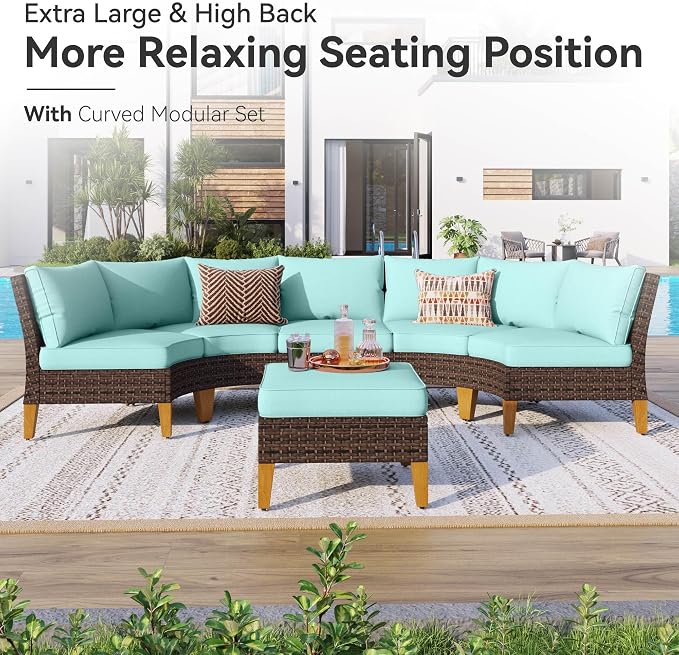 GREEN PARTY 7 Pieces Wicker Patio Furniture Set with 56" Fire Pit Table, All-Weather Outdoor Rattan Patio Half-Moon Curved Sectional Sofa Conversation Set with 4" Thick Cushions for Backyard (Blue)