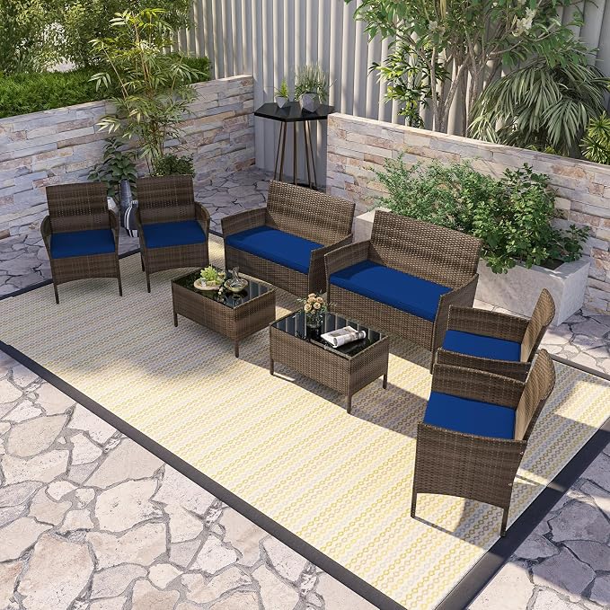 RELAX4LIFE 8-Piece Patio Furniture Set - Rattan Outdoor Conversation Bistro Set w/Cushions, Glass Coffee Table, Wicker Chairs & Loveseat for Garden Backyard Porch, Balcony Furniture Set (2, Navy)