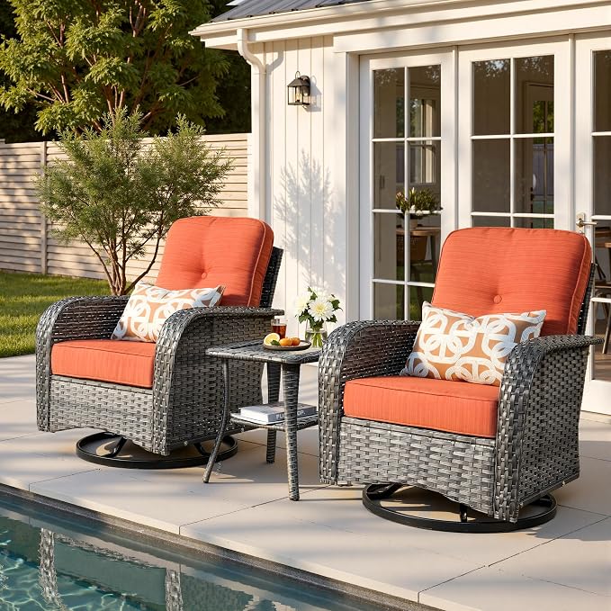 3-Piece Patio Furniture Set, Outdoor Wicker Furniture with Coffee Table, High Back Swivel Rocker Patio Chairs, Modern Rattan Outdoor Chairs Conversation Set for Porch, Balcony, Garden, Orange-Red