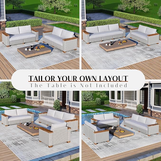 LUXOAK Patio Furniture Set, 6 Piece Wicker Patio Conversation Set with Wide Solid Wood Armrest, All Weather Outdoor Sectional Furniture with Wood Legs for Backyards, Porch, Poolside, Garden, Balcony