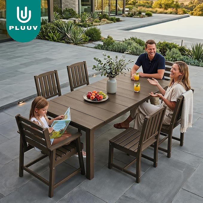PLUUV 7-Piece Outdoor Patio Dining Set, All-Weather HDPE Dining Furniture Set with Umbrella Hole Cut-Out Table, Aluminum Table Legs, and 6 Chairs, Waterproof & Easy Clean for Backyard, Garden, Coffee