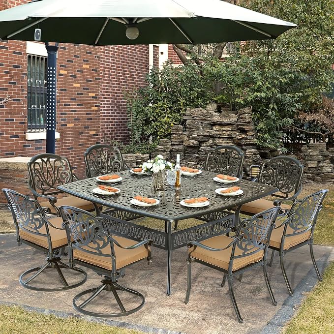 9-Piece Patio Cast Aluminum Dining Set, Outdoor Dining Furniture Set for 8 Person, Includes 64" Square Table, 4 Stationary and 4 Swivel Dining Chairs with Umbrella Hole, Tan