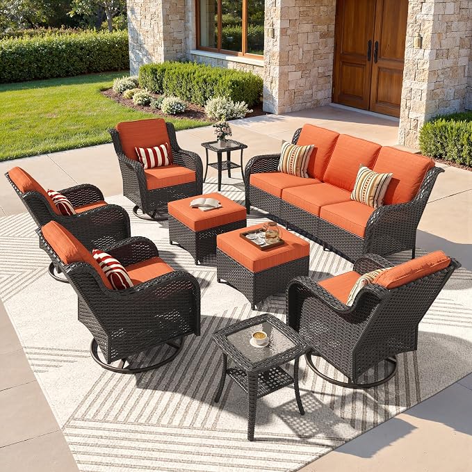 ovios 9-Piece Patio Furniture Set with Swivel Chairs Side Table, Outdoor Wicker Sofa with Comfy Cushions, High Back Couch Modern Conversation Sets, Brown/Orange Red