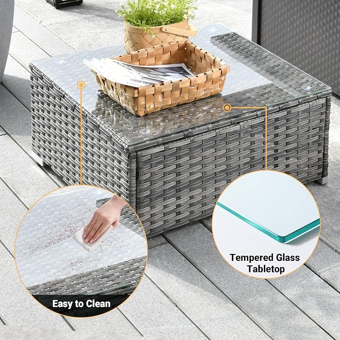 Weaxty 8 Piece Outdoor Sectional with Fire Pit Table, All Weather Wicker Patio Furniture Set with Swivel Rocker Chair Coffee Table, Thick Cushion Couch Conversation Sets for Garden Deck Backyard Gray