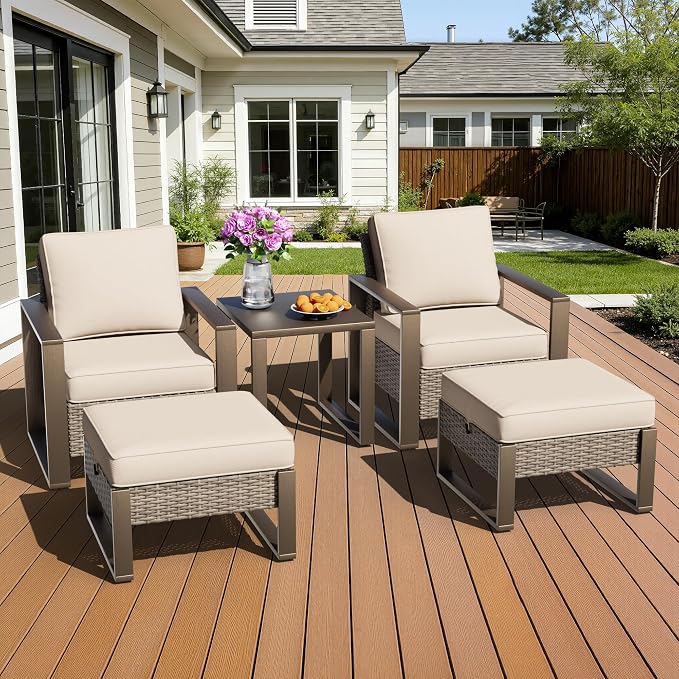 5 Pieces Metal Wicker Patio Furniture Set - Two Armchairs and Two Ottomans, One Side Table, All Weather Rattan Outdoor Conversation Furniture with Washable Cushion for Deck Porch, Beige