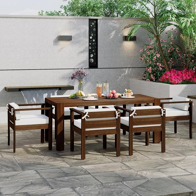 7-Piece Patio Dining Table Set for 6, Outdoor Furniture Sets with 71" Rectangle Table and Removable Cushions,for Backyard Garden Poolside (Mocha + Beige#m)