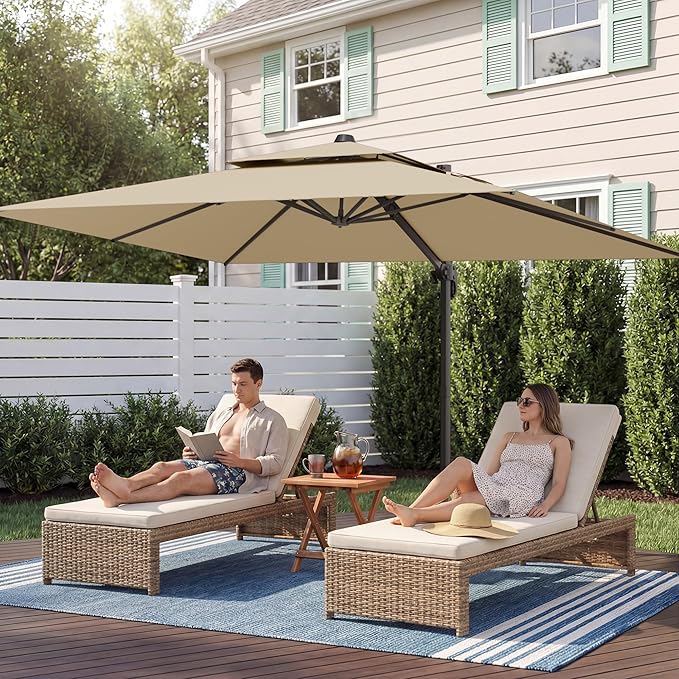 10x13 FT Patio Umbrella with Base, Large Cantilever Rectangular Double Top Heavy Duty Offset Umbrellas with 360° Rotation, Outdoor shade for Garden Deck Pool Patio, Beige