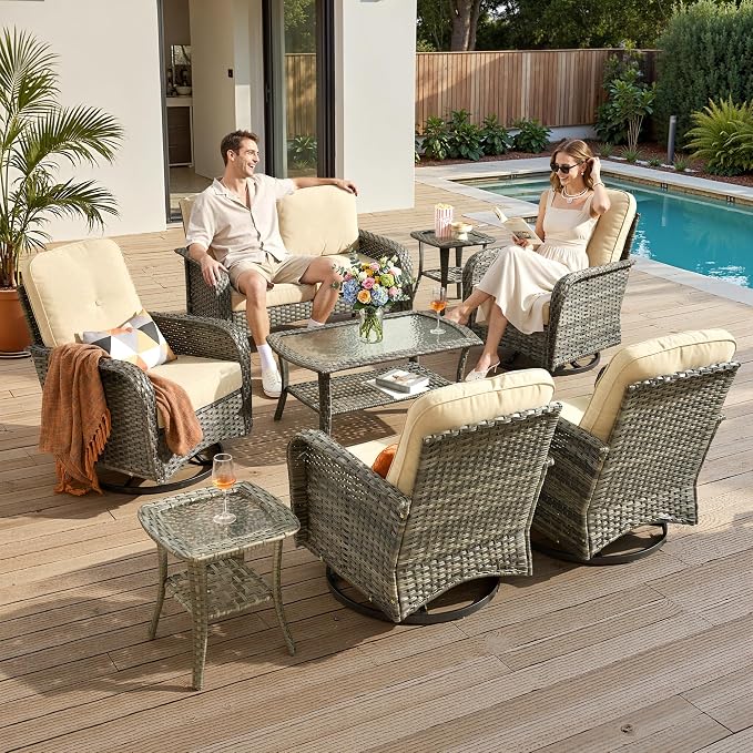8-Piece Patio Furniture Set, Outdoor Wicker Furniture with Coffee Table, High Back Swivel Rocker Patio Chairs, Modern Rattan Outdoor Chairs Conversation Set for Porch, Balcony, Garden, Beige