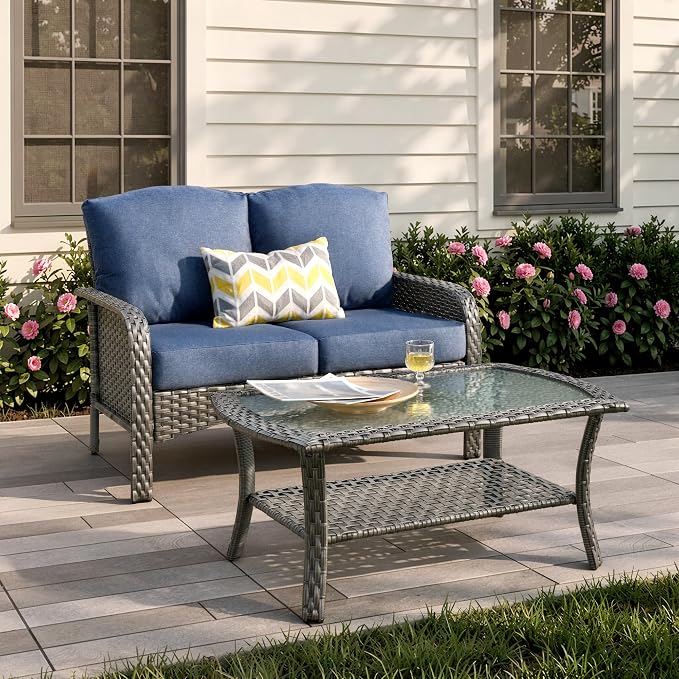 2-Piece Patio Furniture Set, Outdoor Wicker Furniture with Coffee Table, All Weather High Back Loveseat Patio Chairs, Modern Rattan Outdoor Chairs Conversation Set for Porch, Garden,Denim Blue
