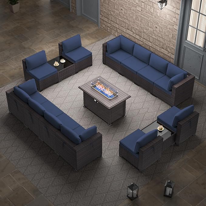 15 Pieces Outdoor Patio Furniture Set,Outdoor Sectional Furniture with 43" 55000 BTU Gas Propane Fire Pit Table,All Weather PE Rattan Wicker Patio Conversation Set,Navy Blue