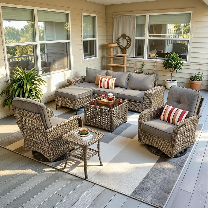8-Piece Wicker Outdoor Sectional Furniture, Wide Armrest Patio Couch with Swivel Rocking Chair Ottoman Solar Table, Modular Sofa Rattan Conversation Sets for Backyard Deck Garden, Dark Gray