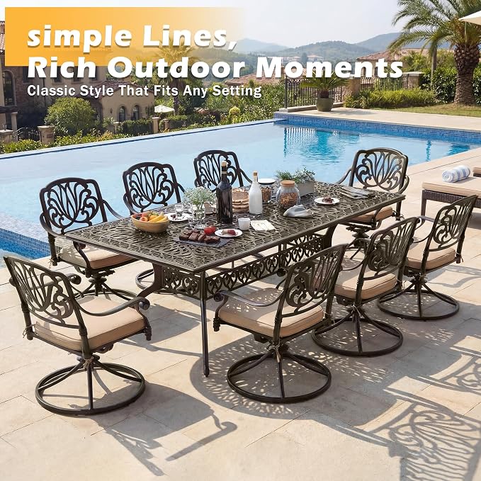 9-Piece Outdoor Dining Set, Retro Bronze Cast Aluminum Patio Furniture Include 86.6" Rectangle Table and 8 Fixed Chairs with Cushion and Umbrella Hole for Patio Deck Garden