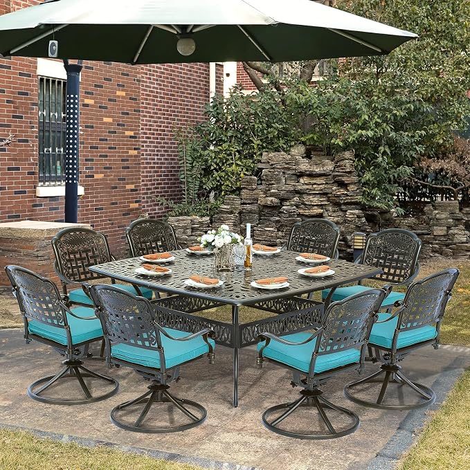 SOCIALCOMF 9-Piece Patio Cast Aluminum Dining Set, Outdoor Table and Chairs Set for 8, Includes 64" Large Square Dining Table and 8 Swivel Rocker Chairs with Umbrella Hole for Lawn Garden, Ocean Blue