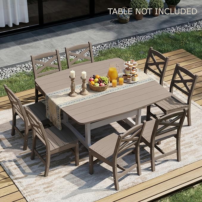 Outdoor Armless Dining Chairs Set of 4,HDPE Patio Chairs with Wide Seat,All-Weather HDPE Patio Armless Chairs for Porch, Backyard, Deck, White Brown, Table not Included