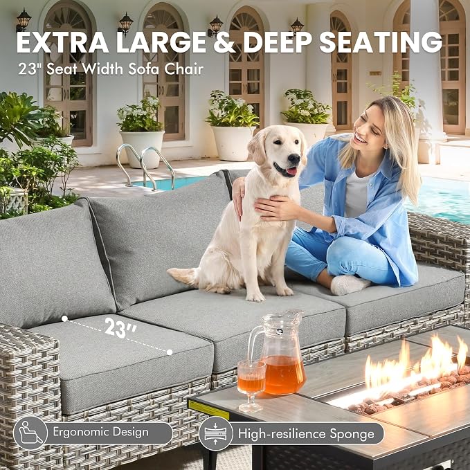 5 Pcs Patio Outdoor Furniture Set - All Weather Wicker Outdoor Sectional Sofa Couch with Coffee Table and Ottoman,Patio Modular Rattan Conversation Set for Garden Deck Yard,Dark Grey