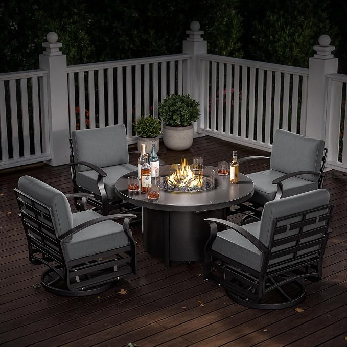 Kurapika 5 Piece Modern Metal Outdoor Conversation Sets, Patio Furniture Set, 4 Aluminum Swivel Chairs w/48in Round Propane Fire Pit Table and Thickened Cushions, Grey