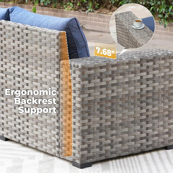 ovios 10 Pieces Patio Furniture Set, Outdoor Wicker Sectional Sofa with 42" Fire Pit Table Swivel Chairs, Modern Modular Deep Seat Rattan Couch Conversation Sets, Denim Blue
