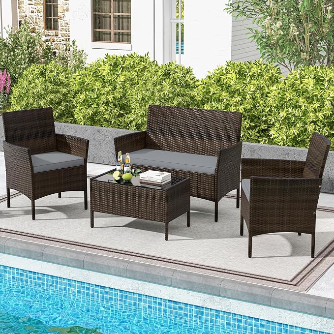 DORTALA Wicker Patio Furniture Set 4 Piece, Outdoor PE Rattan Table & Chairs Set with Tempered Glass Coffee Table, Loveseat, Cushions, Conversation Set for Balcony, Porch, Backyard, Deck, Gray