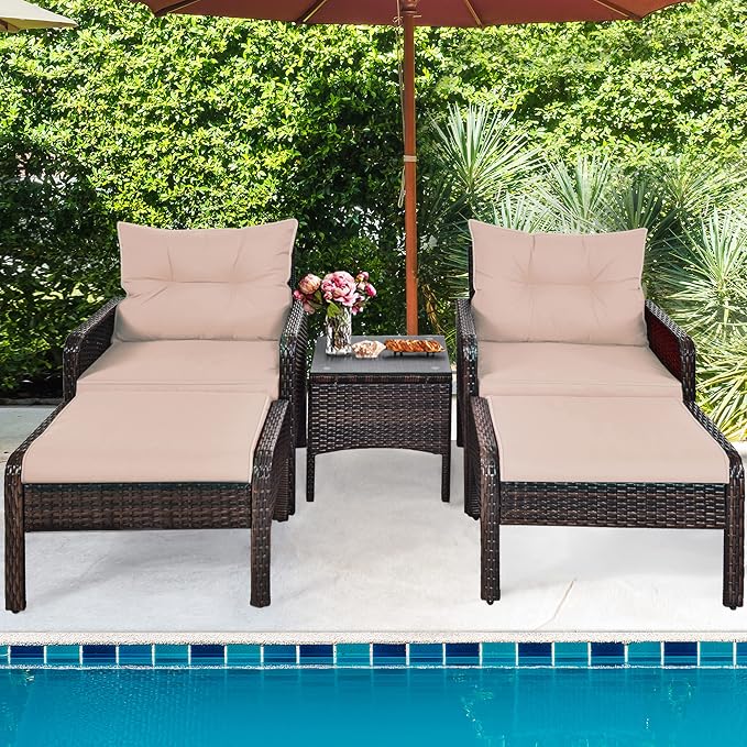 DORTALA 5 Pieces Patio Furniture Set, Outdoor Rattan Conversation Set with Cushions, Glass Table, Ottomans & Chairs, Wicker Sofa Set Backyard Porch Garden Balcony, Beige
