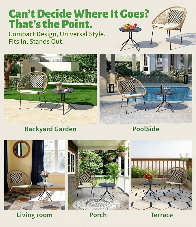 2-Piece Outdoor Patio Bistro Set, Wicker Chair with Cushion, PE Rattan All-Weather Conversation Set with Coffee Table for Balcony, Porch, Apartment, Poolside, Garden, Small Spaces, Black