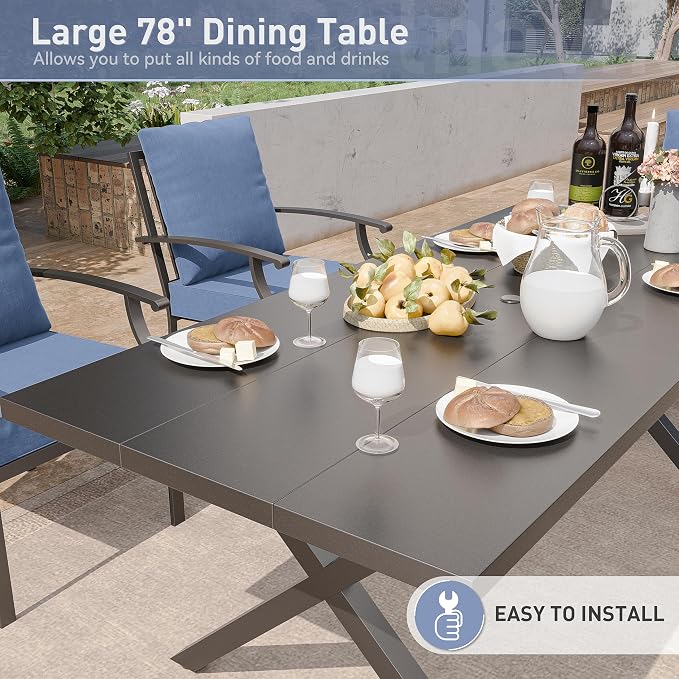 Kurapika 7 Piece Patio Dining Set Outdoor Furniture, Metal Patio Furniture Set 6 Fixed Chairs and Large Table with Umbrella Cutout for Deck Garden Yard Porch, Navy Blue
