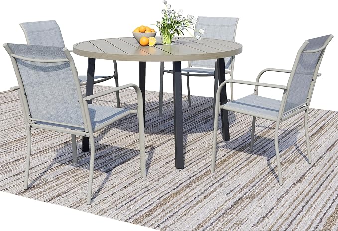 5 Piece Patio Dining Set for 4, 42” Honey Oak Round Table with Umbrella Hole and 4 Beige Blue Patio Stackable Chairs, Patio Table and Chairs for Backyard, Lawn, Deck & Garden