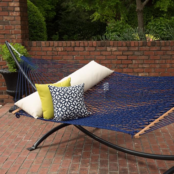 Hatteras Hammocks Executive Navy DuraCord Rope Hammock – 13 ft. x 65 in., 2-Person, 450 lb Capacity, Cumaru Spreader Bar, Zinc-Plated Hardware – Handcrafted in The USA