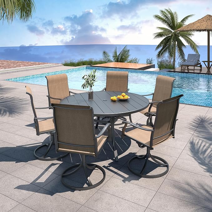 Patio Table and Chairs Set with 54" Round Table, Brown Yellow Swivel Chairs | 6 Piece Swivel Chairs: High Back, Retro Armrest, Textilene Fabric, Rocking; 6 - 8 Person 54'' Metal Round Table