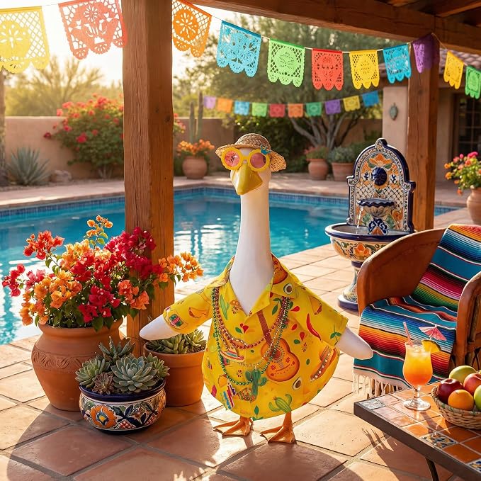 6 Pcs/Set Hawaiian Porch Goose Outfits, Mexican Style Summer Lawn Goose Costume, Garden Goose Clothes Yellow Shirt with Straw Hat Glasses Necklaces for 23" H Statue Outdoor Patio Yard Decor
