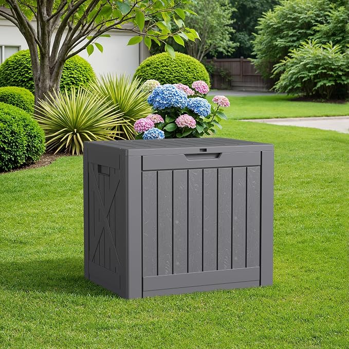 Flamaker Resin Deck Box 40 Gallon Waterproof Outdoor Indoor Storage Box Imitation Wood Resin for Patio Furniture Garden Tools and Pool (Gray)