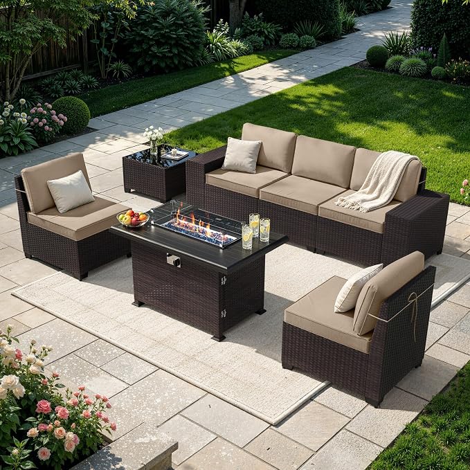 Patio Furniture Set 7 Pieces Outdoor Furniture Patio Conversation Set w/43in Gas Fire Pit,PE Rattan Wicker 7 Pcs Outdoor Sofa Set w/55000 BTU Propane Fire Pit Table,Sand