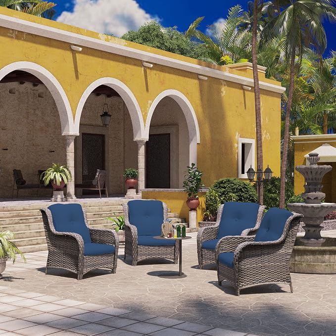 Outdoor Wicker Chair Rattan Patio Dining Chairs Set of 4 PE Wicker Patio Chairs with 3.5 inch Seat Cushions Patio Seating Chair for Garden, Backyard Swimming Pool, Balcony, Blue