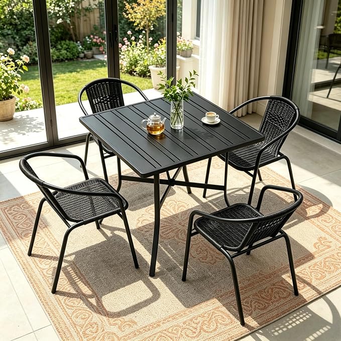 8 Pack Black Stackable Outdoor Rattan Chairs, All-Weather Patio Seating for Balcony Porch Lawn, Small Patio Furniture Set for Front Porch Decor & Outdoor Spaces