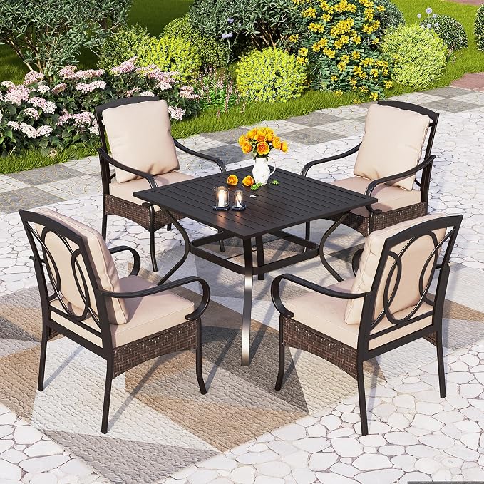 PHI VILLA 5 Piece Patio Dining Set, Square Table, Wicker Chairs | Heavy Duty Patio Table Set for Deck, 4 Extra Large Outdoor Metal Wicker Dining Chairs with Thick Cushions