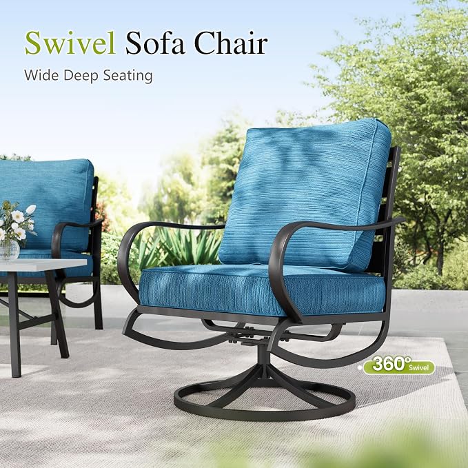 Sophia & William Patio Furniture Sets with 45" Gas Fire Pit Table for 7 Outdoor Conversation Sets 6 Pcs, 2 x Swivel Cushioned Sofa Chairs, 1x3-Seat Sofa, 2xOttomans for Backyard Poolside Peacock Blue