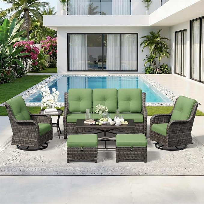 7 Piece Outdoor Wicker Patio Furniture Set, Outdoor Swivel Rocker Patio Chairs Set with Thickened Olefin Cushions, High Back and Deep Seating, Hand-Woven PE Rattan for Porch, Deck