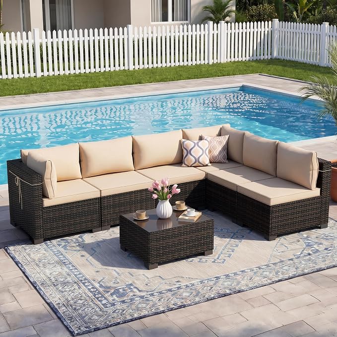 LEVELEVE 7 Pieces Outdoor Patio Furniture Sets,Rattan Conversation Sectional Set,Manual Weaving Wicker Patio Sofa with Tea Table