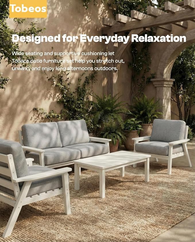 HDPE Patio Furniture Set 5 Seats with Cantilever Umbrella, Outdoor Couch with Washable Thick Gray Cushions & Tables, Outdoor Sectional Furniture for Deck, Lawn, Porch (White Frame)