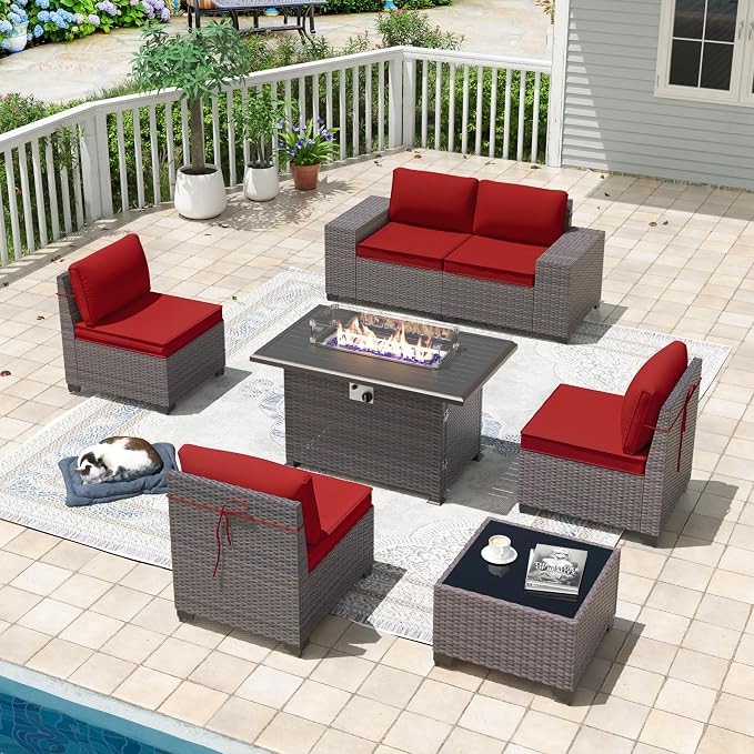 7 Pieces Outdoor Patio Furniture Set with 43"/55000BTU Gas Fire Pit Table,PE Rattan Wicker Outdoor Conversation Sofa Set Non-Slip Cushions Waterproof Covers for Backyard,Poolside,Garden,Red