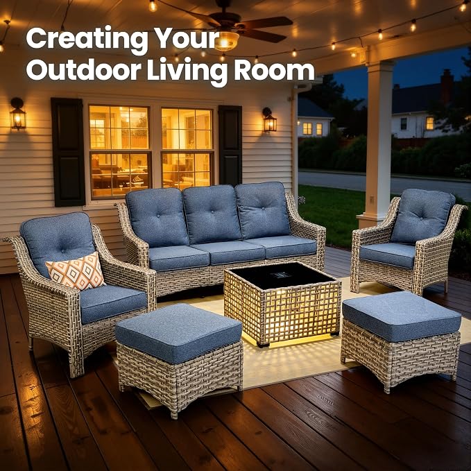 6 Piece Patio Furniture Set with Solar Lights Coffee Table, Outdoor Wicker High Back Sofa Chairs Ottomans with Cushions, All Weather Conversation Set for Backyard Porch Deck, Denim Blue
