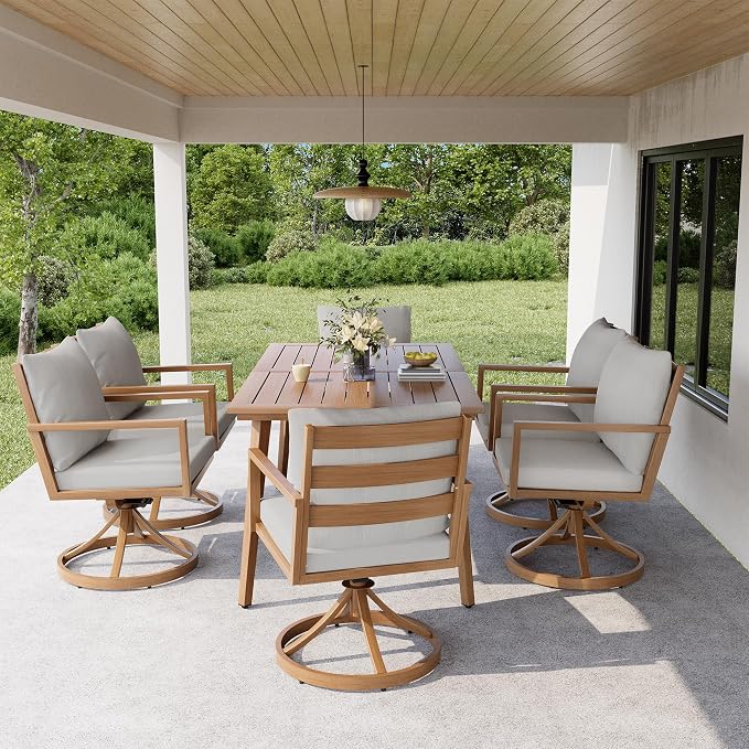 HAPPATIO Outdoor Dining Set, 7-Piece Patio Aluminum Dining Set with Wood-Like Hand-Painted Finish, 6 Swivel Rockers with Waterproof Cushions, Easy Assembly for Backyard, Garden, Porch, Grey Cushion