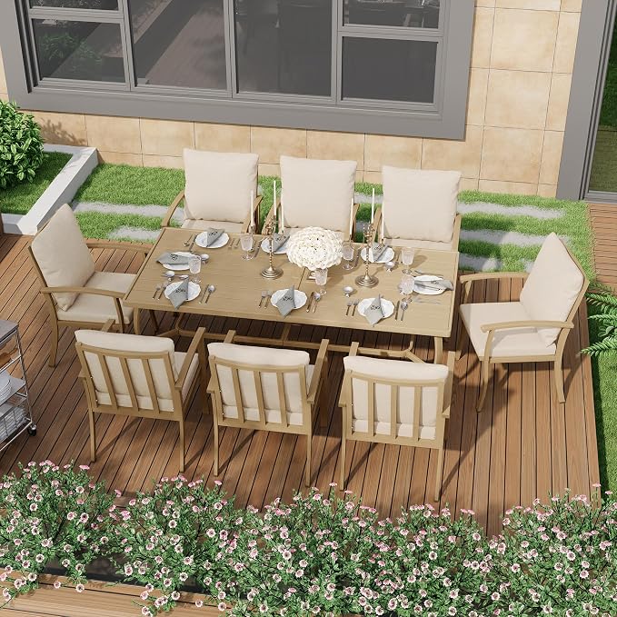 HAPPATIO Aluminum 9 Piece Patio Dining Set - Aluminum Outdoor Dining Set for 8, Patio Dining Table and Chairs Set, Patio Furniture with Table and Chairs (Beige)
