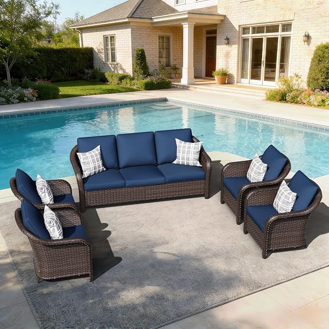 5 PCS Outdoor Conversation Set | 78" Couch, 4 Chairs, Patio Wicker Conversation Furniture with Removable Cushions for Bistro, Deck, Sunroom (Navy Blue)