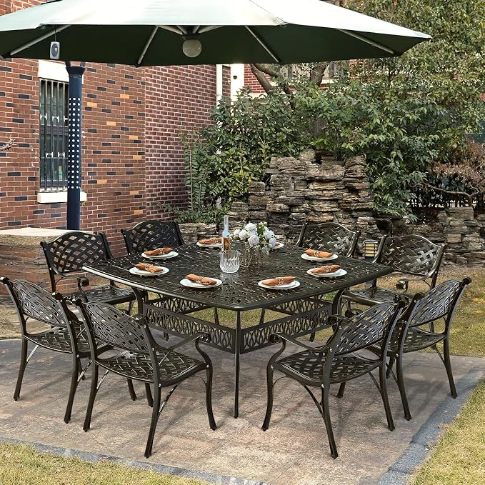 9-Piece Patio Cast Aluminum Dining Set, Outdoor Table and Chairs Set for 8, Includes 64" Large Square Dining Table and 8 Chairs with Umbrella Hole, Patio Furniture Set for Deck Garden